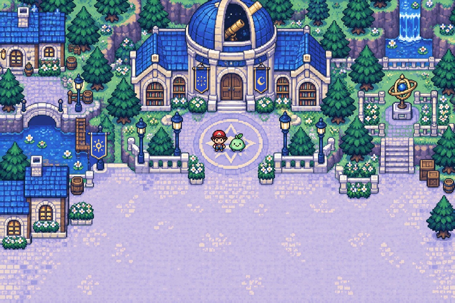 A tiny explorer and a friendly green creature outside a blue-roofed observatory in a pixel-art town